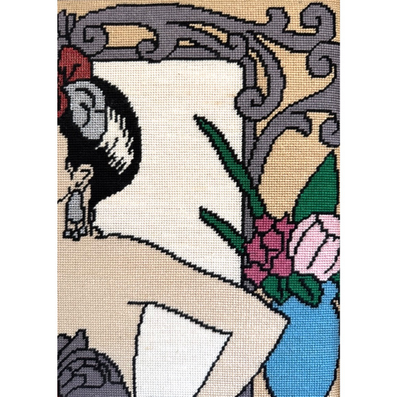Framed Needlepoint Vintage Embroidery Art Deco Nouveau Flapper Woman Floral Glam - Picture 3 of 16